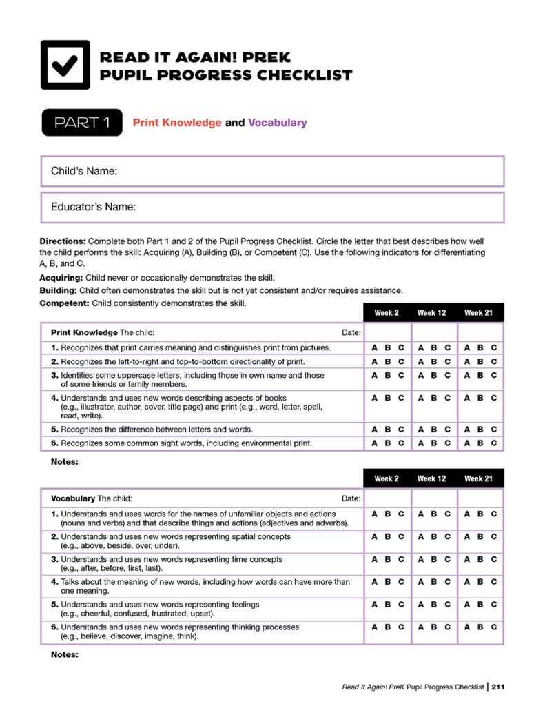 Example of a sample pupil progress checklist for preschoolers